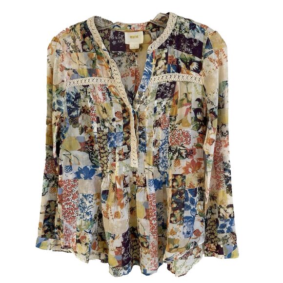 Anthropologie Maeve Abella Blouse Floral Patchwork Crochet Trim Top Size 0 - Picture 1 of 16
